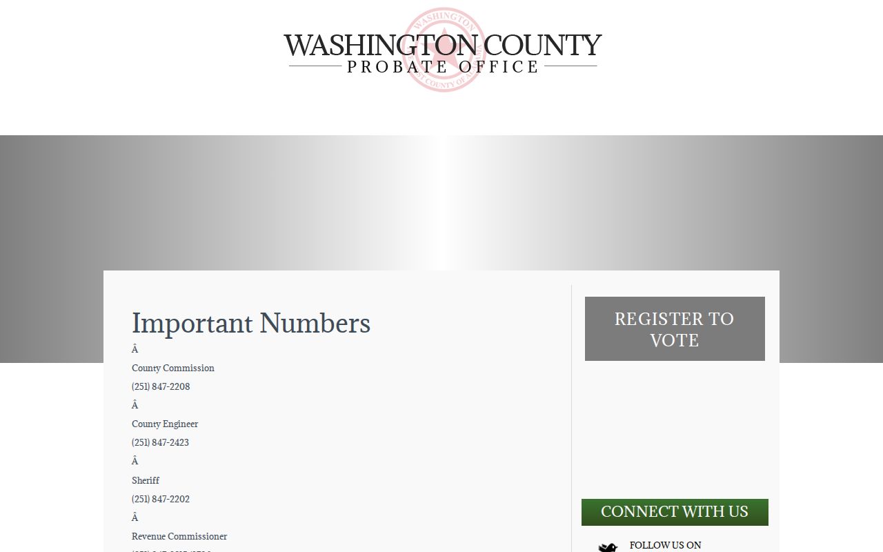 Washington County Probate Office important numbers page showing the Millry Town Hall contact route