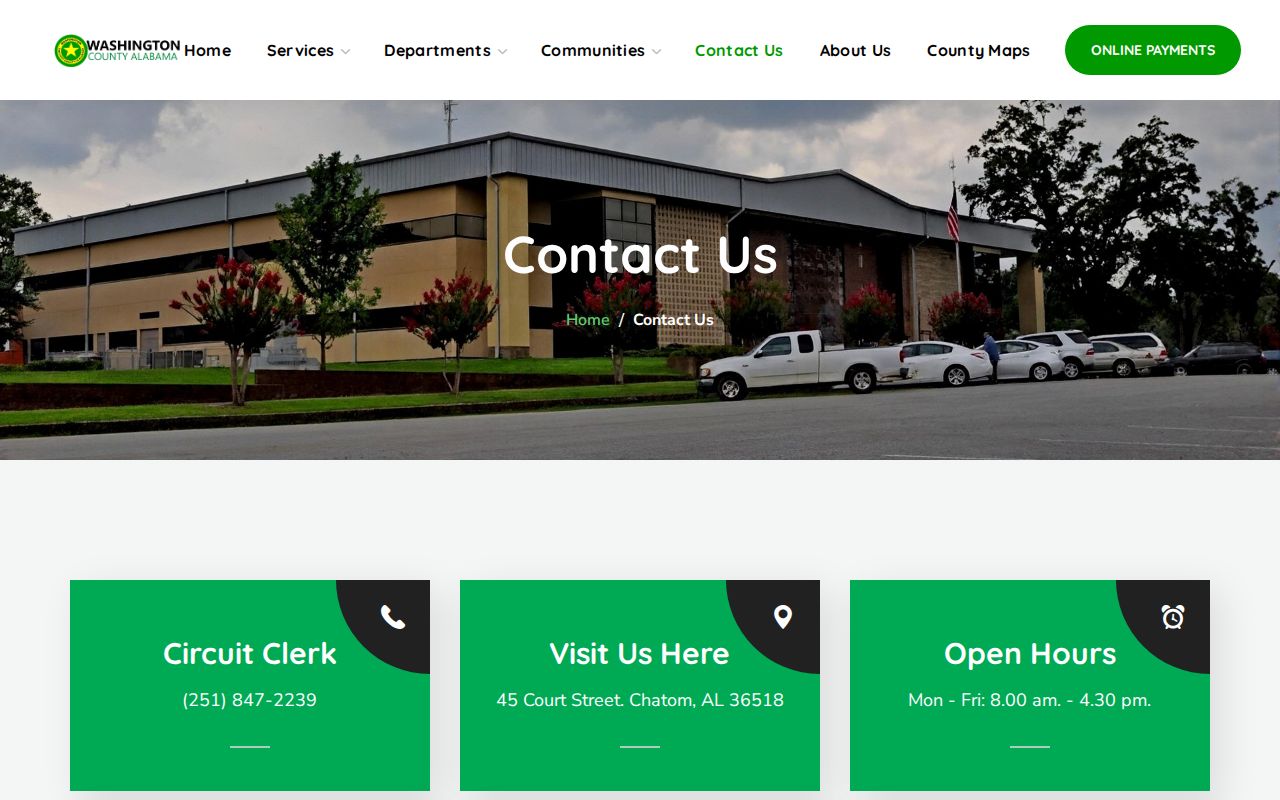 Washington County contact page with sheriff and court clerk details