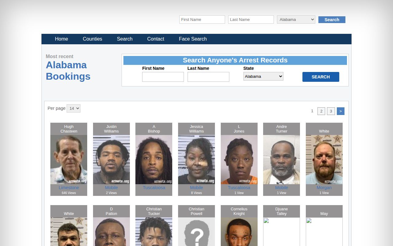 Arrests.org Alabama statewide county-filter search interface